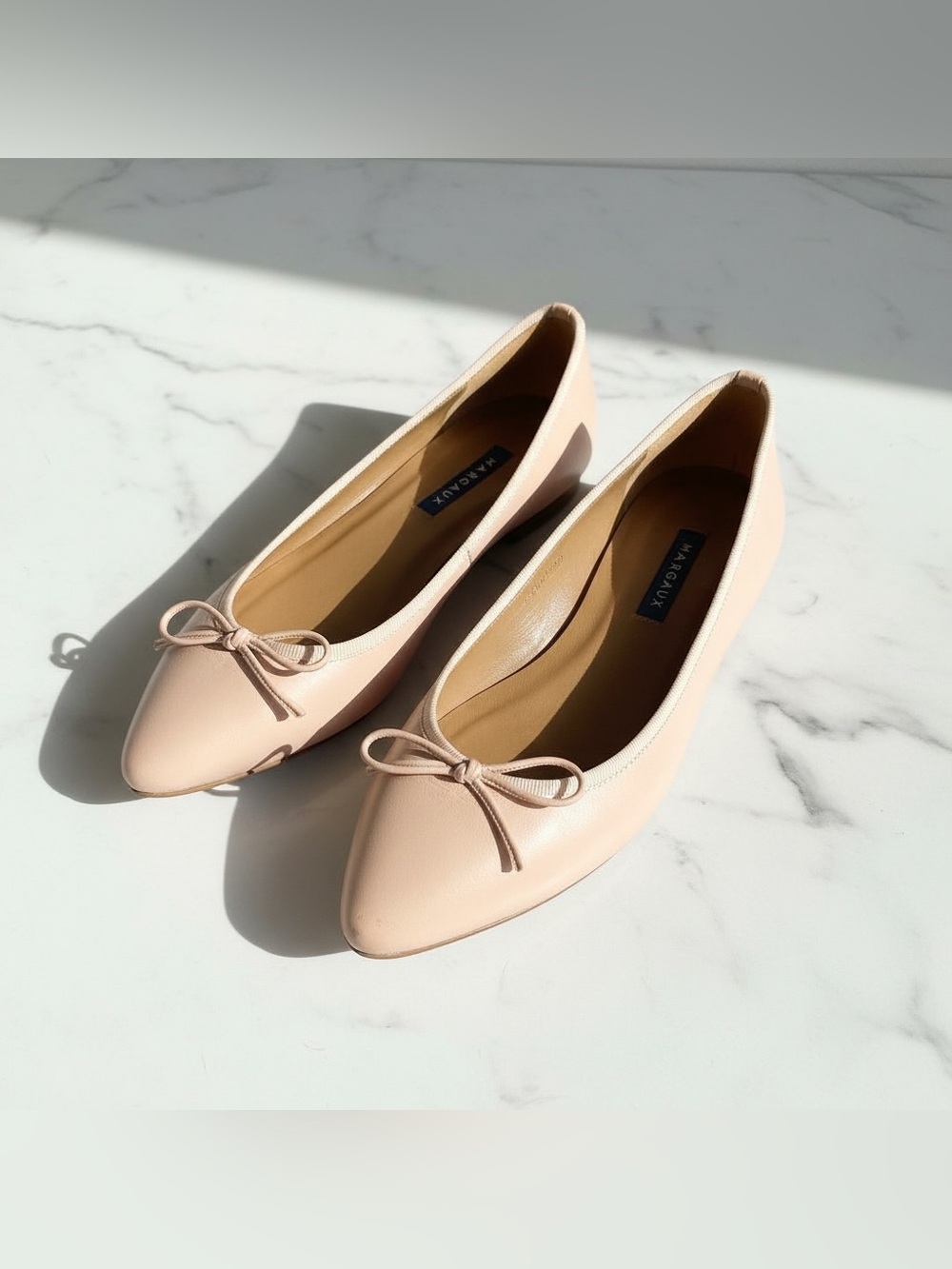 Margaux Pale Pink Pointed-Toe Ballet Flats with Bow Trim